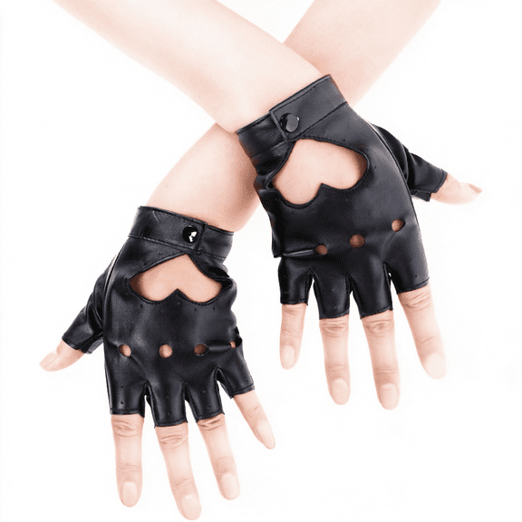 TELOLY Women Heart Cutout Punk Half Finger Pu Leather Performance Gloves Fingerless Gloves for Women