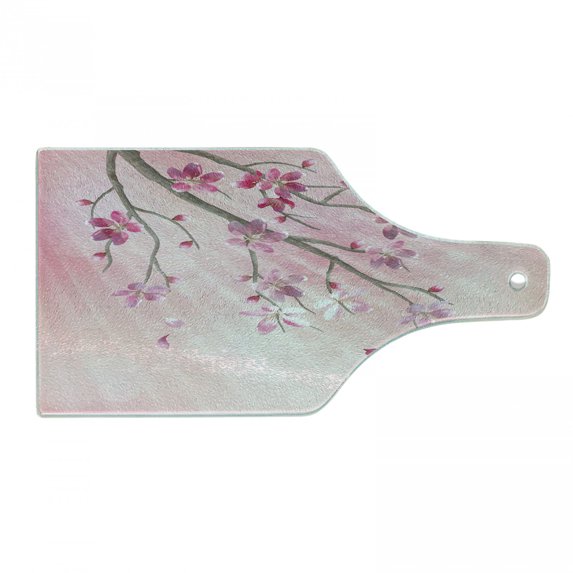Nature Cutting Board, Illustration of Spring Tree Branch with Blossoms Sun Beams on Blurred Background, Tempered Glass Cutting and Serving Board, Wine Bottle Shape, Pink Fuchsia, by Ambesonne
