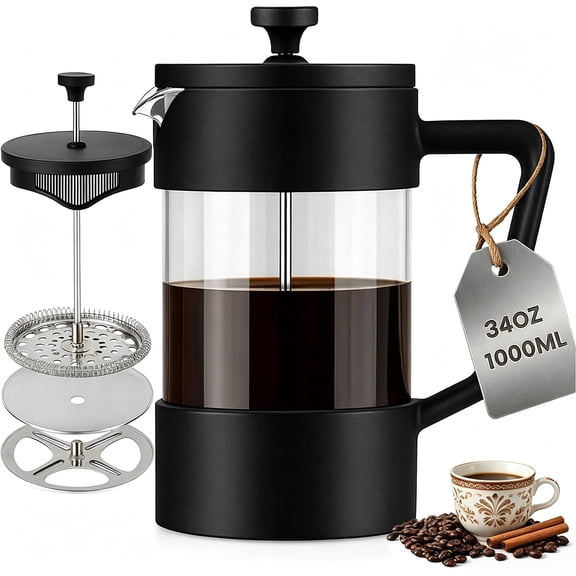 Glass French Press Coffee Maker, 1000ml /34oz Coffee Press with Heat Resistant Borosilicate Glass, 4 Filter Screens, Ergonomic Pouring Handle, Classy Design, Black