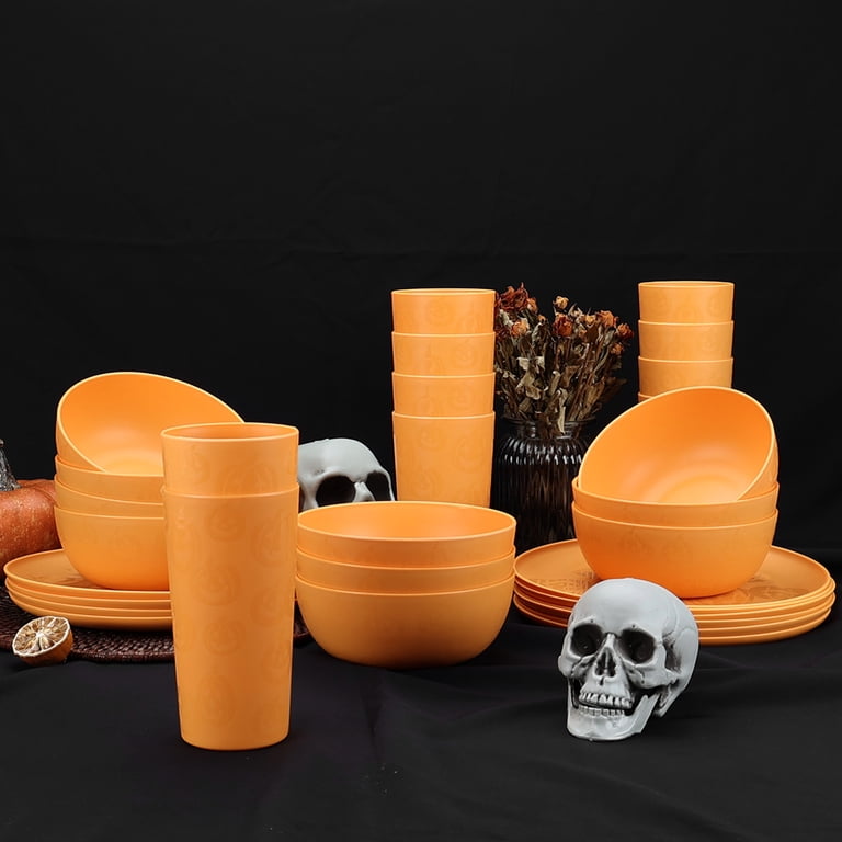 新品　TWANYセット　No.531 Mainstays 30-Piece Plastic Etched Pumpkin Dinnerware Set, Orange