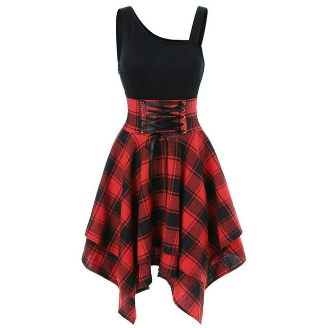 Mode Femmes Sans Manches Épaule Froide Croix Dentelle jusqu'à Plaid Impression Irrégulière Robe