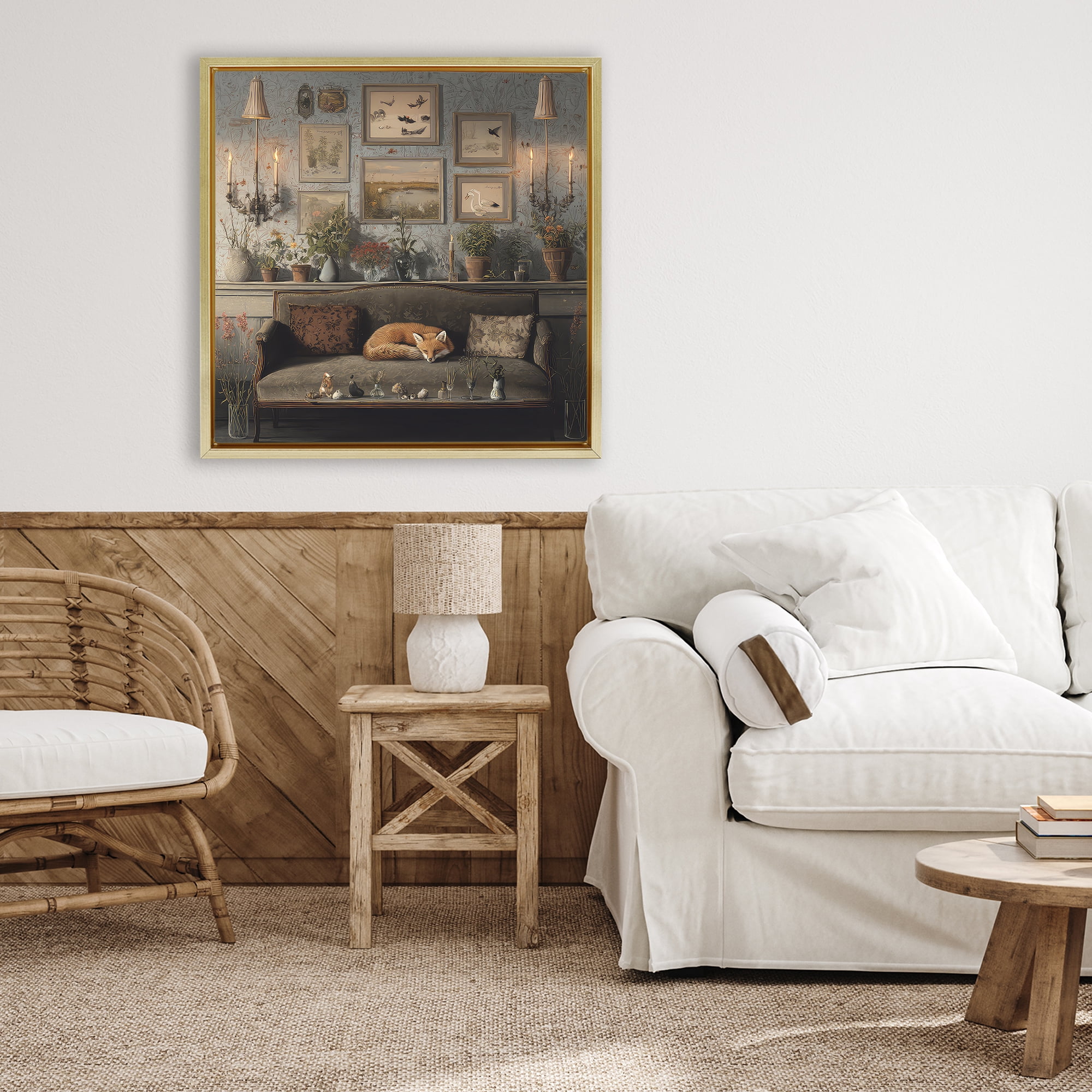Stupell Industries Fox on Antique Sofa Gold Framed Floater Canvas Wall Art, design by The Wands Want