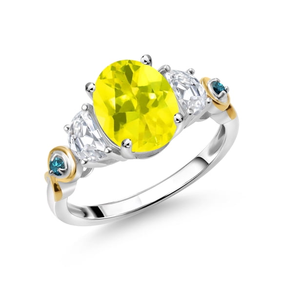 Gem Stone King 925 Silver and 10K Yellow Gold 3-Stone Ring Oval Canary Mystic Topaz and Moissanite (2.51 Cttw, Size 8)