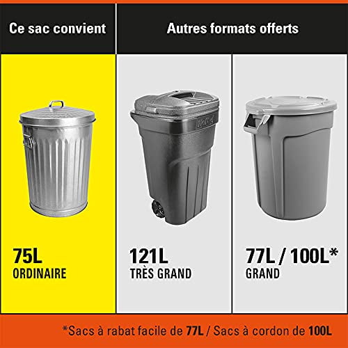 Hefty™ Lot de 30 sacs poubelle Strong Regular 75 litres noirs, EasyFlaps™, neutralisant les odeurs Arm & Hammer