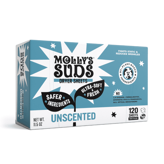 Molly's Suds Fabric Softener Dryer Sheets for Sensitive Skin | Plant-Based Static Reducer, Plastic-Free Packaging | Unscented (120 Sheets)