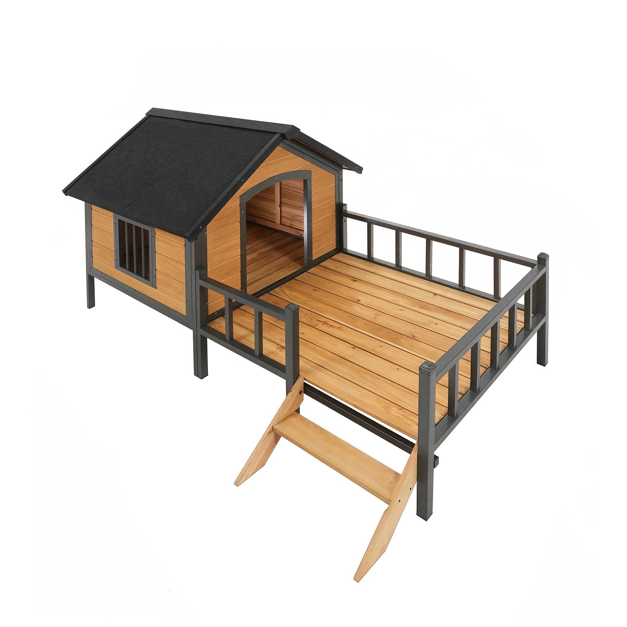 Pefilos 67" Wood Dog House for Medium Dogs, Outdoor and Indoor Cat Shelter, Weatherproof Pet Kennel with Porch, Beige