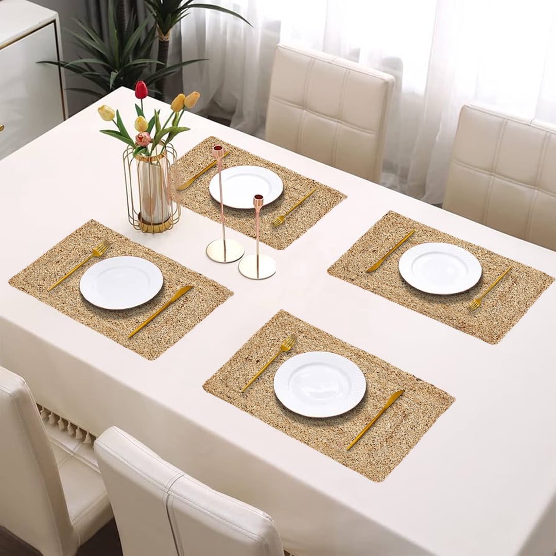 SHOPCREW Set of 2 Braided Jute Placemat - 12" x 17" - Beige Jute Table Place Mat- 100% Jute Heat Resistance Placemats Home Kitchen Dining Table Decor