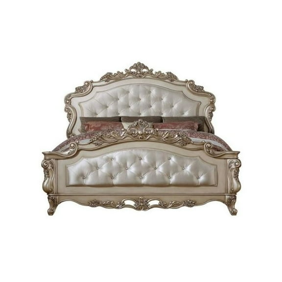 Acme Gorsedd Eastern King Bed in Cream Fabric and Antique White