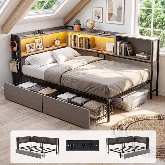 Twin Corner Bed Frame with Bookcase Storage, Twin Size Metal Platform Corner Bed Frame with Charging Station and LED Lights, Gray