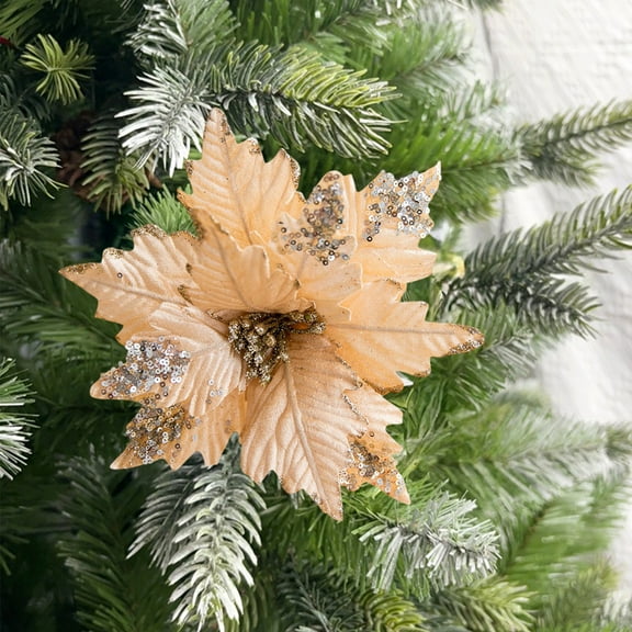 Yonrjhukm Christmas Glitter Magnolia Decoration, Artificial Flower with Stems for Tree, Wreath, Home, Holiday, Party & New Year Decor, Durable Realistic Cloth Design