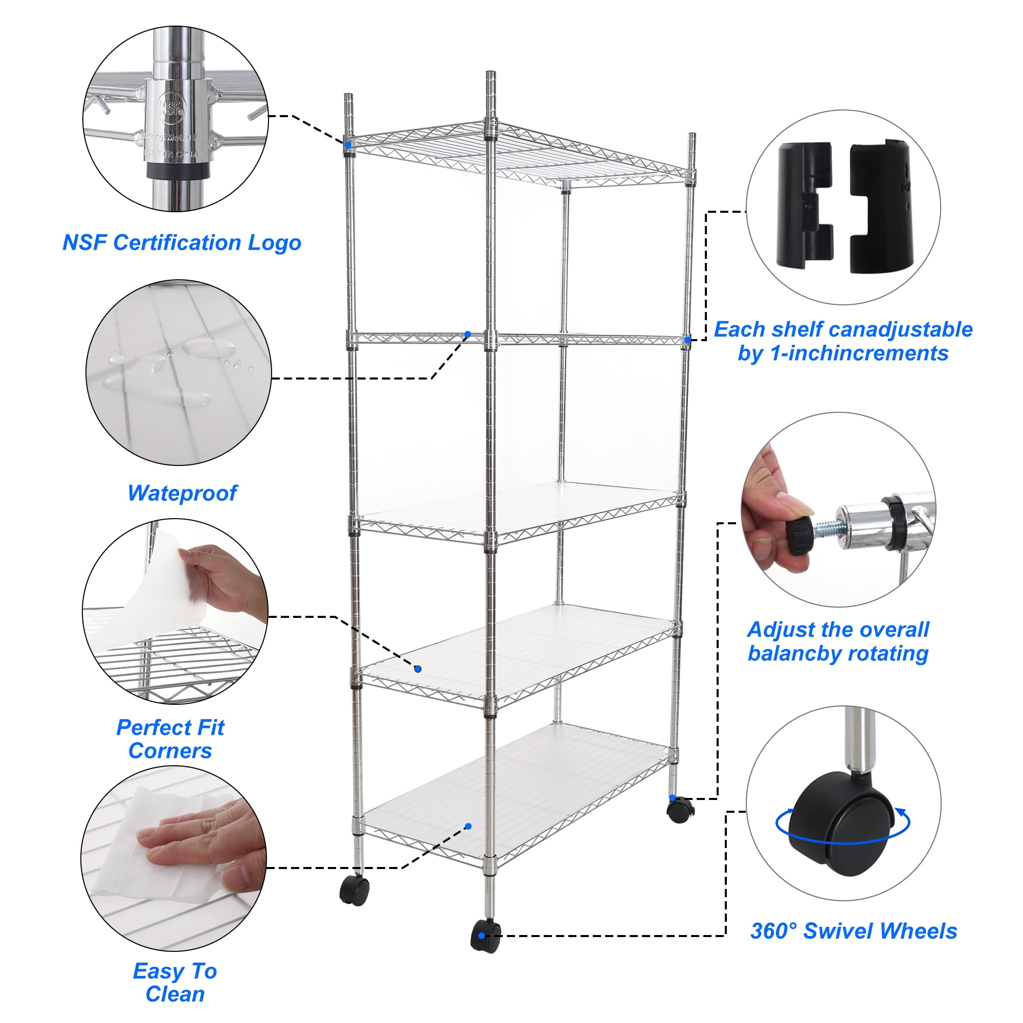 Miniyam NSF Wire Shelving Unit, 5 Tier 750lbs Capacity Storage Adjustable Rack with Wheels for Closet Kitchen, Chrome