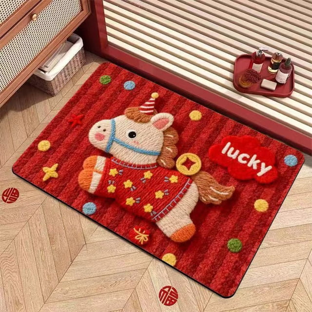 CaiYueKe Year Of The Horse Diatomite Bath Mat 60x40cm - Cute Pony Non-Slip Super Absorbent Quick Dry Floor Mat, Waterproof Bathroom Toilet Carpet Decor