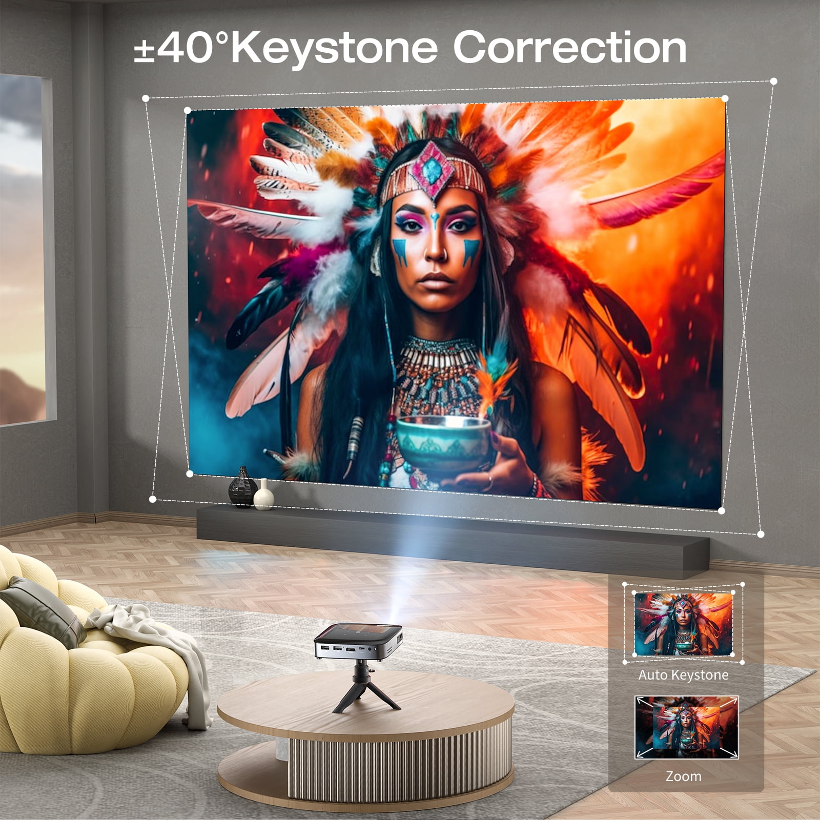 Wireless Projector, Thinnest 0.82" Portable Mini Projector, 7000mAh Built-in Battery for Instant Use, Includes Stand, Home Outdoor Projector with WiFi and Bluetooth, 4K 1080P Supported, Full HD