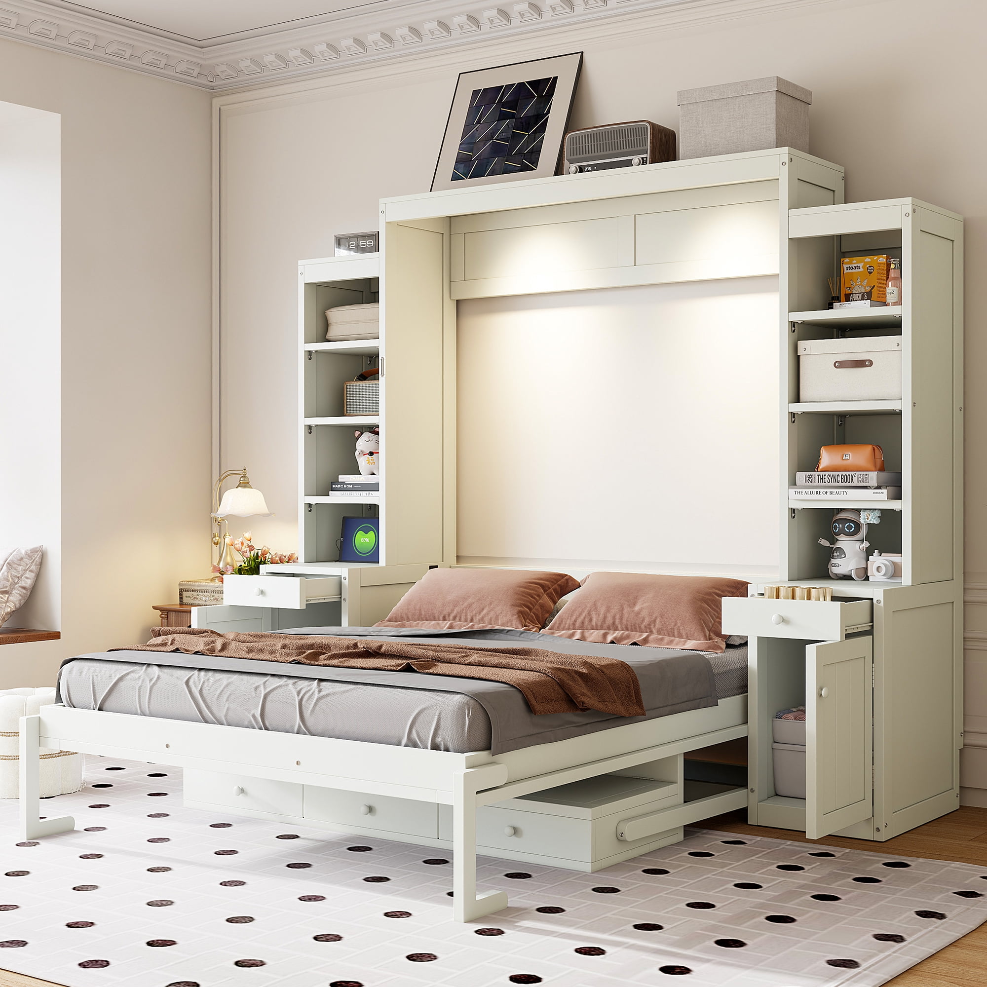 Mintazer Queen Murphy Bed with Desk, Charge Station, Drawers and Storage Shelves, Convertible Wood Wall Platform Bed with Cabinets for Bedroom, White