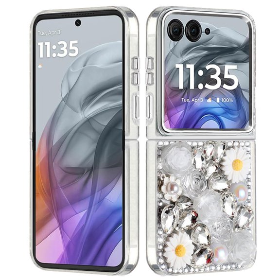 Phone Case for Motorola Razr 2026, Razr 2025, Razr 2024 Full Bling Rhinestone Glitter Floral Luxury Hybrid Shockproof Stylish Sparkling Protective Designer Ornament Cover [White]