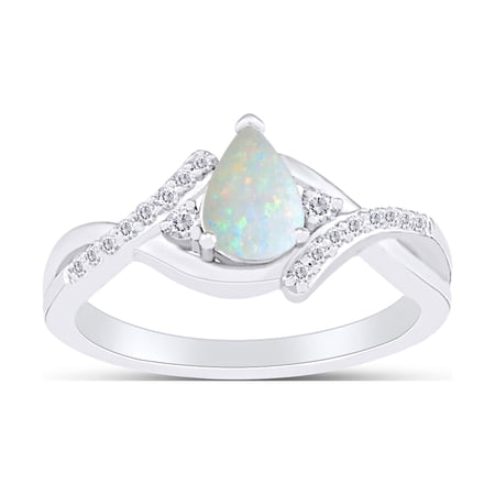 Pear Cut Lab Created Opal And Simulated White Sapphire Bypass Crossover Shank Engagement Ring In 14k White Gold Over Sterling Silver Ring Size-7
