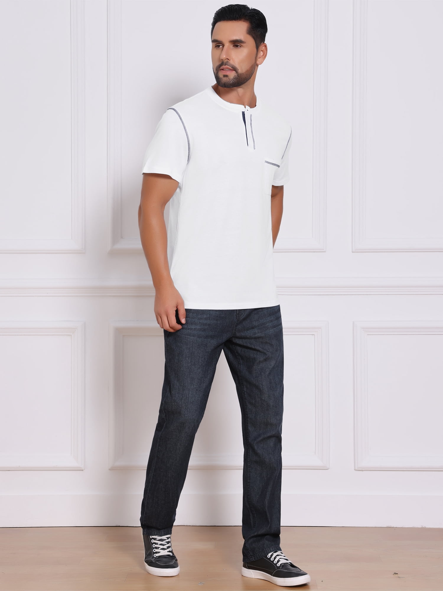 DARING DIVA Men's Henley Crew Neck Short Sleeve Button Down T-Shirt M White