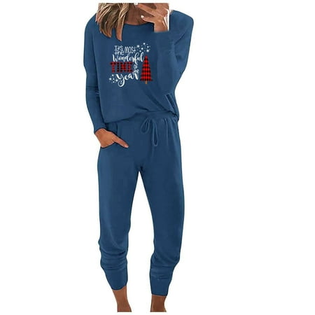 

nsendm Casual Jumpsuit Women s Casual Home Pajamas Suit Merry Christmas Tree Letter Print Long-Sleeved Suit Suit Pants Navy X-Large