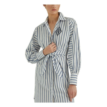 LAUREN RALPH LAUREN Womens White Striped Cuffed Sleeve Collared Below The Knee Shirt Dress Petites 4P