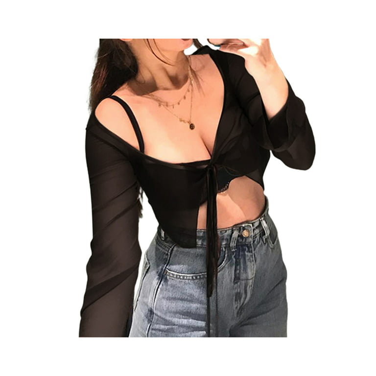 Women Lace See Through Long Sleeve Crop Top Sexy Off Shoulder Shirt Mesh  Sheer Blouse Party Street Clubwear