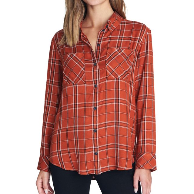 Sanctuary Clothing Womens Plaid Button Up Shirt red L