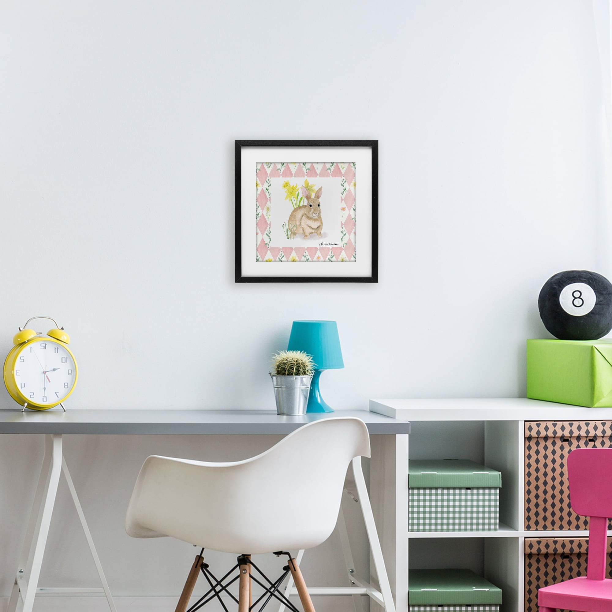 Bunny on Pink Argyle Black Framed Print Under Glass, design by Lee Ann Sanders