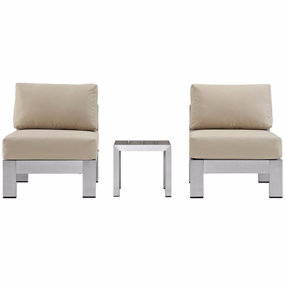 Modway Shore 3 Piece Outdoor Patio Aluminum Sectional Sofa Set in Silver Beige