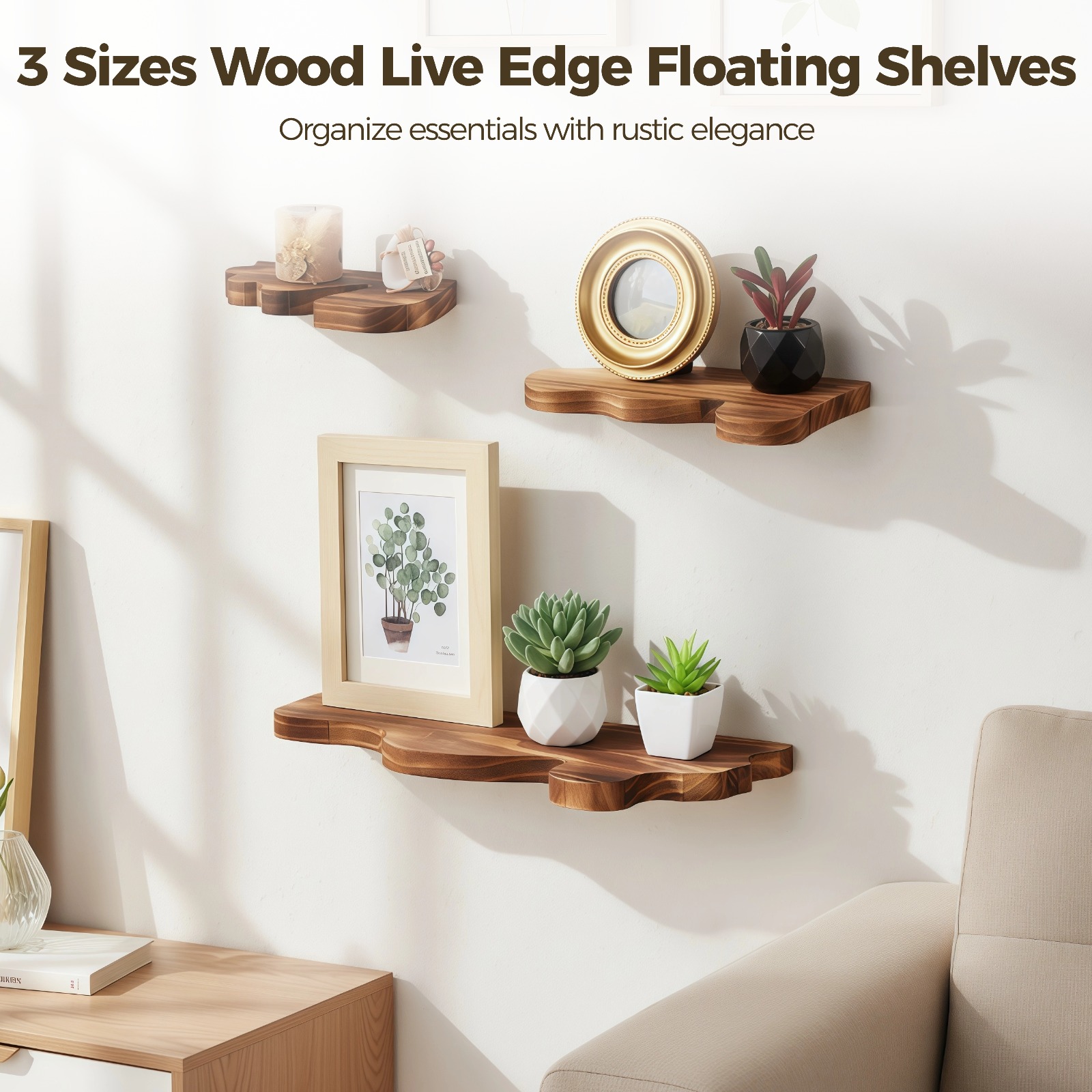 Set of 3 Wood Floating Shelves, Rustic Farmhouse Vintage Wall Shelf Display Decor for Living Room, Bathroom, Bedroom, Brown