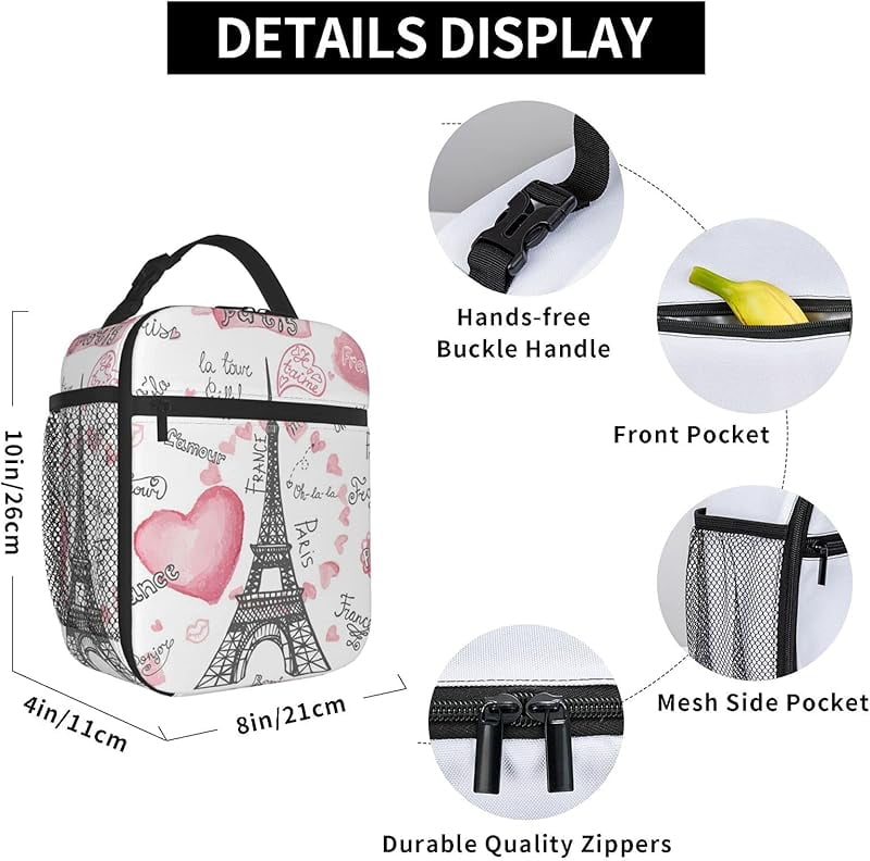 Eiffel Tower Love Lunch Box Insulated Soft Bag Reusable Cooler Bag For Women Men Work Picnic Hiking