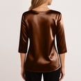 thumbnail image 4 of Women Silk Satin Tops Cap 3/4 Length Sleeve Blouse Summer V Neck Shirts Business Casual Outfits #01Brown L, 4 of 6