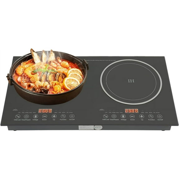 Double Induction Cooker with 2 Burners, 1200W Electric Burner Cooker, Tempered Glass Induction conduction cooktop, Dual Induction Cooktop Counter Top Burner, Independent Control Multiple Power Levels