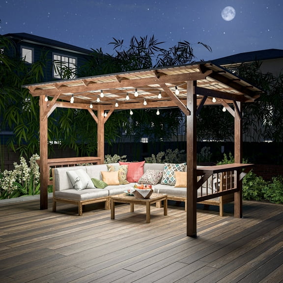 13'x6.5' Wooden Grill Gazebo with Sloping Metal Roof and 60 Pcs Bulbs, Grill Gazebo Suitable for 2 Bar Counters Grills, BBQ Canopy for Outdoor Patio, Lawn, Garden