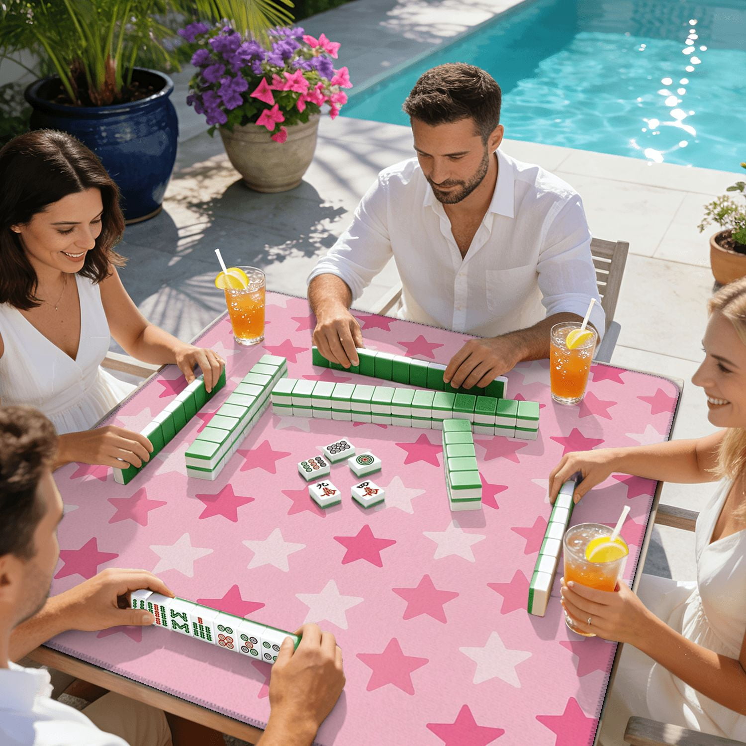 Mahjong Mat 31.5" x 31.5" Pink Star Seamless Light Dark Shades Pastel Non-Slip Noise Reduction American Mahjong Tiles Table Cover for Dominoes Poker Card Board Games Gift