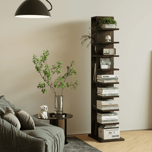 YOWOS 9-Tier Vertical Narrow Bookcase, Corner Bookshelf with Standing Storage Rack Wood for Small Spaces, Walnut