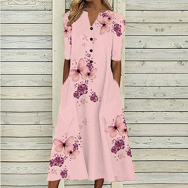 TIMIFIS Robe Florale Bohème Ample Décontractée d'Automne pour Femmes avec Poches, Manches Courtes, Longue Maxi, Robe Évasée d'Été pour la Plage, Robes d'Invitée de Mariage d'Automne