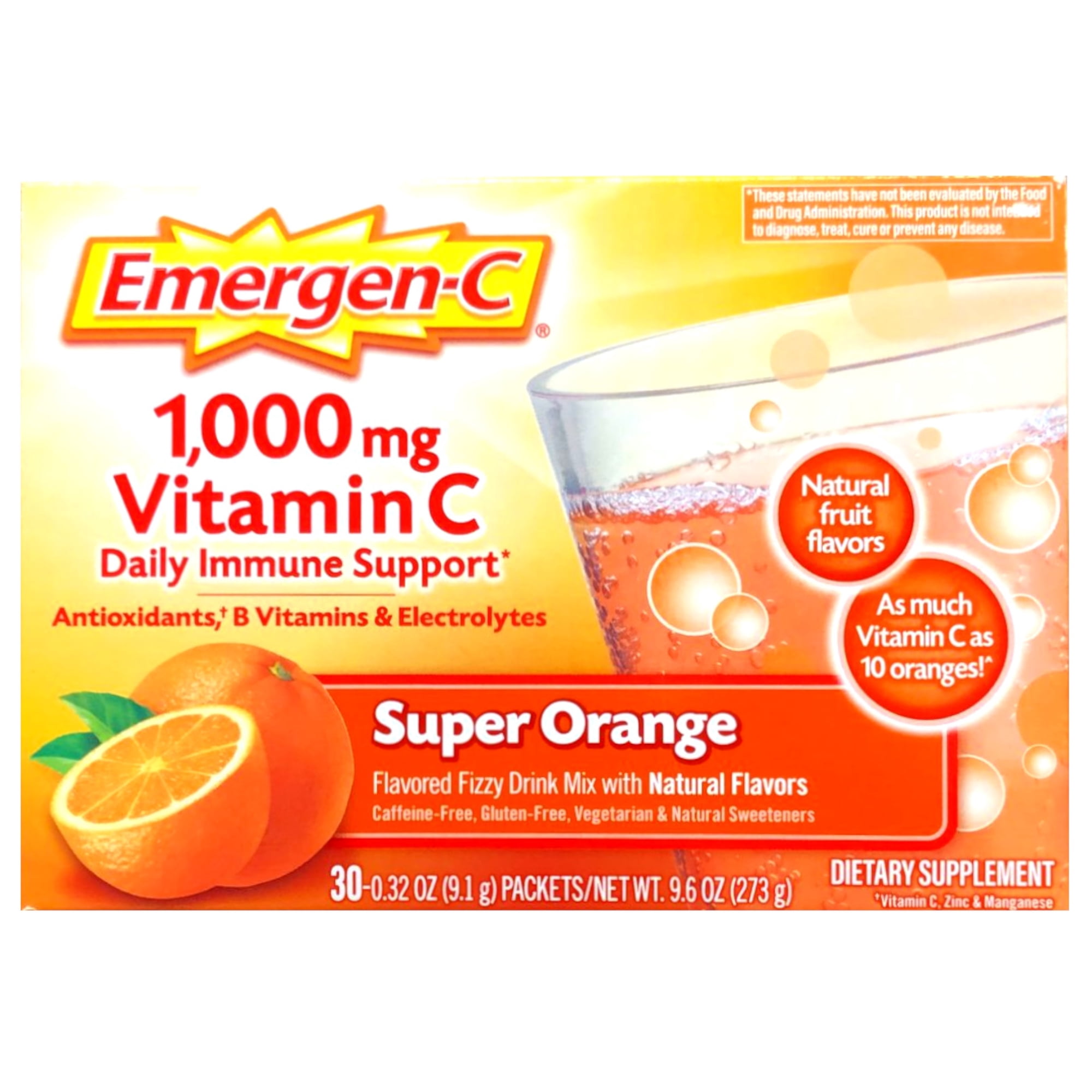 Emergen-C 1000Mg Vitamin C Powder for Immune Support Super Orange, 30 Count, 0.32 Oz Packets - 3 Pack