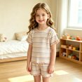 thumbnail image 2 of Glisme Girls Outfit Set Striped Print Short Sleeve Crew Neck Tops With Shorts Outfit Quick Dry Girls Set Size 3-4 Years Coffee, 2 of 4