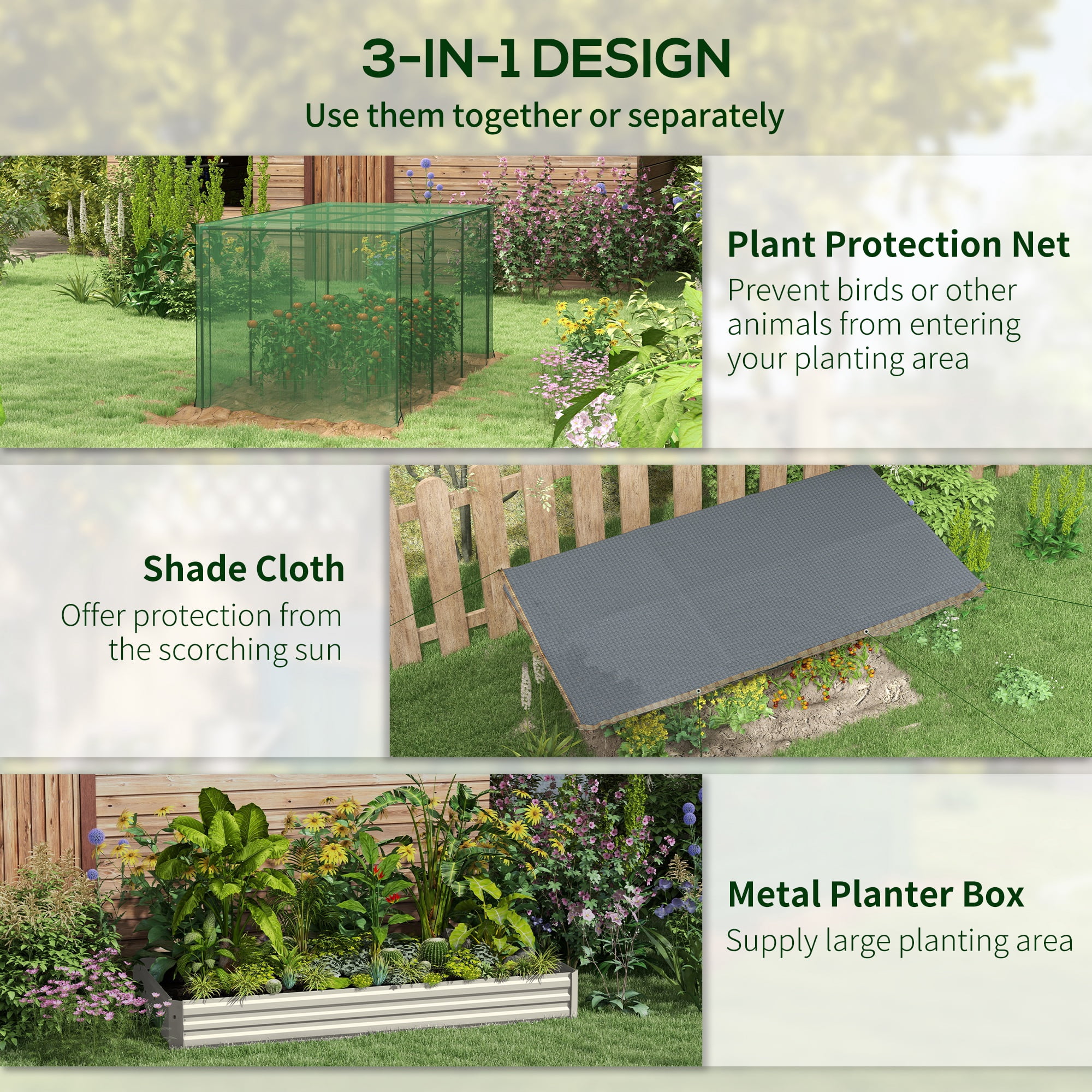Outsunny Galvanized Raised Garden Bed with Crop Cage & Shade Cloth, Beige
