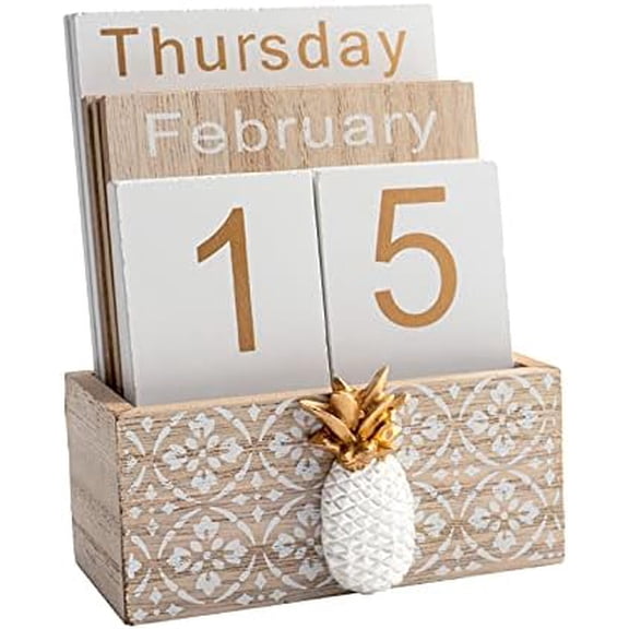 Vintage Wood Block Perpetual Calendar Month Week Date Display for Home Office Desk Rustic Decoration, Brown pineapple