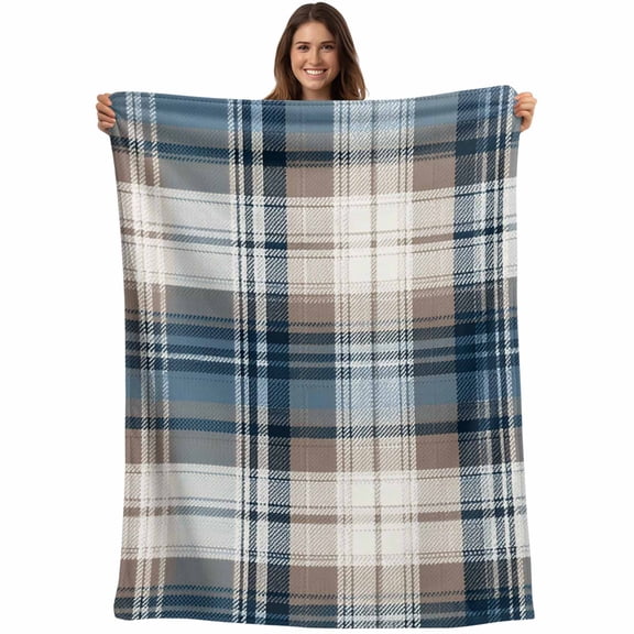 Blue Brown Plaid Blanket Soft Cozy Warm Throw Blanket for Couch, Plush Fuzzy Flannel Fleece Blankets for Sofa, Vintage Abstract Stripes Lattice Bed Blankets Lightweight Gifts for Women, 40"x50"