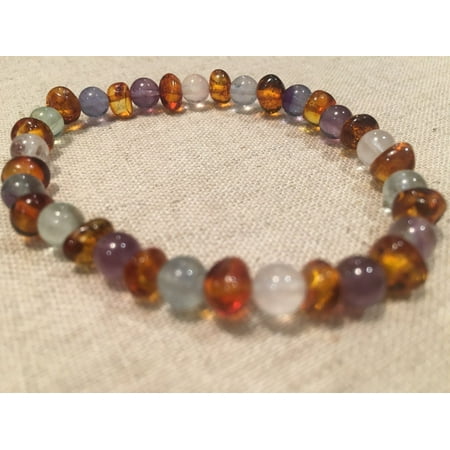 Rainbow Aura Quartz - Baltic Amber Teen Adult 7 to 7.5 inch Bracelet Rainbow Baltic Amber Cognac Mixed with Pink Rose Quartz Purple Green Fluorite Stretch