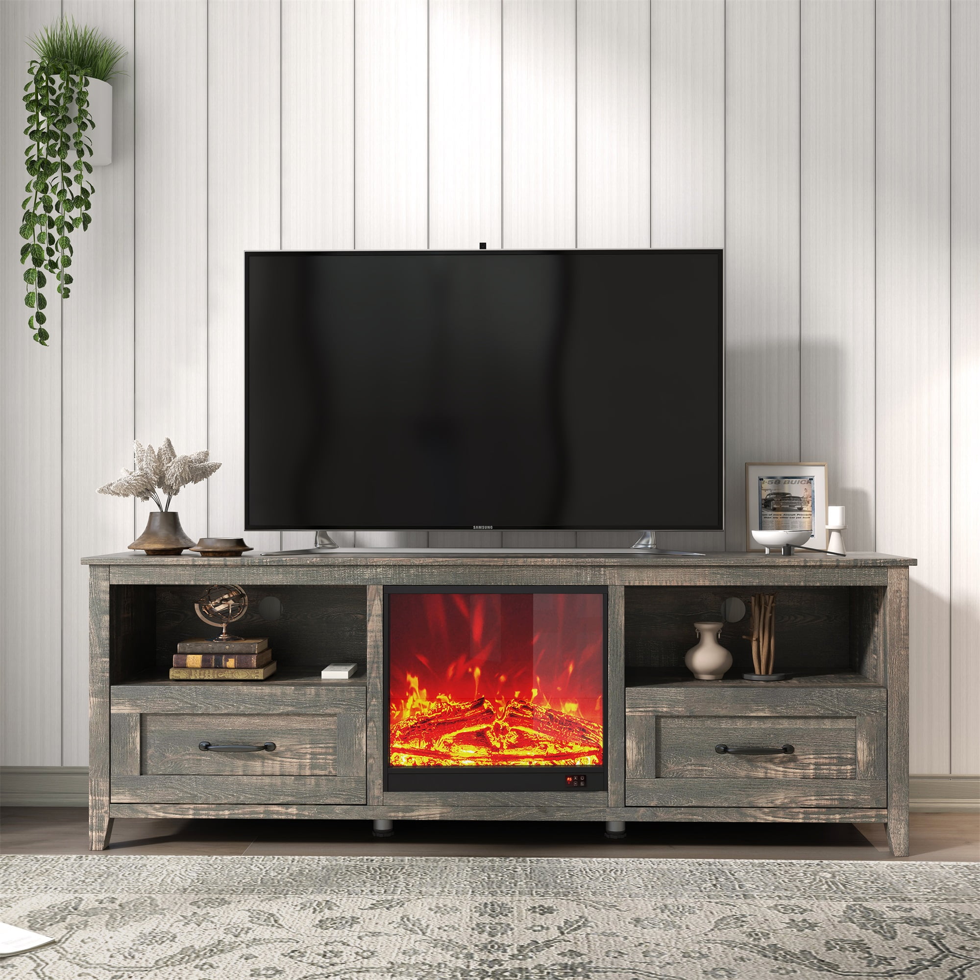 Kepooman 19 Inch Built-in Electric Fireplace with Adjustable Flame Brightness & Remote Control, Antique Black
