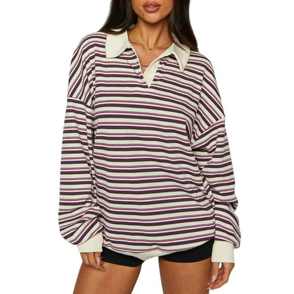 Honganda Women Striped Sweatshirt, Long Sleeve Turn-down Collar Hoodie Pullover Casual Tops