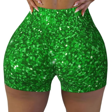 Workout Shorts Women  Green Glitter Biker Shorts for Women Running Gym Spandex Shorts Tummy Control