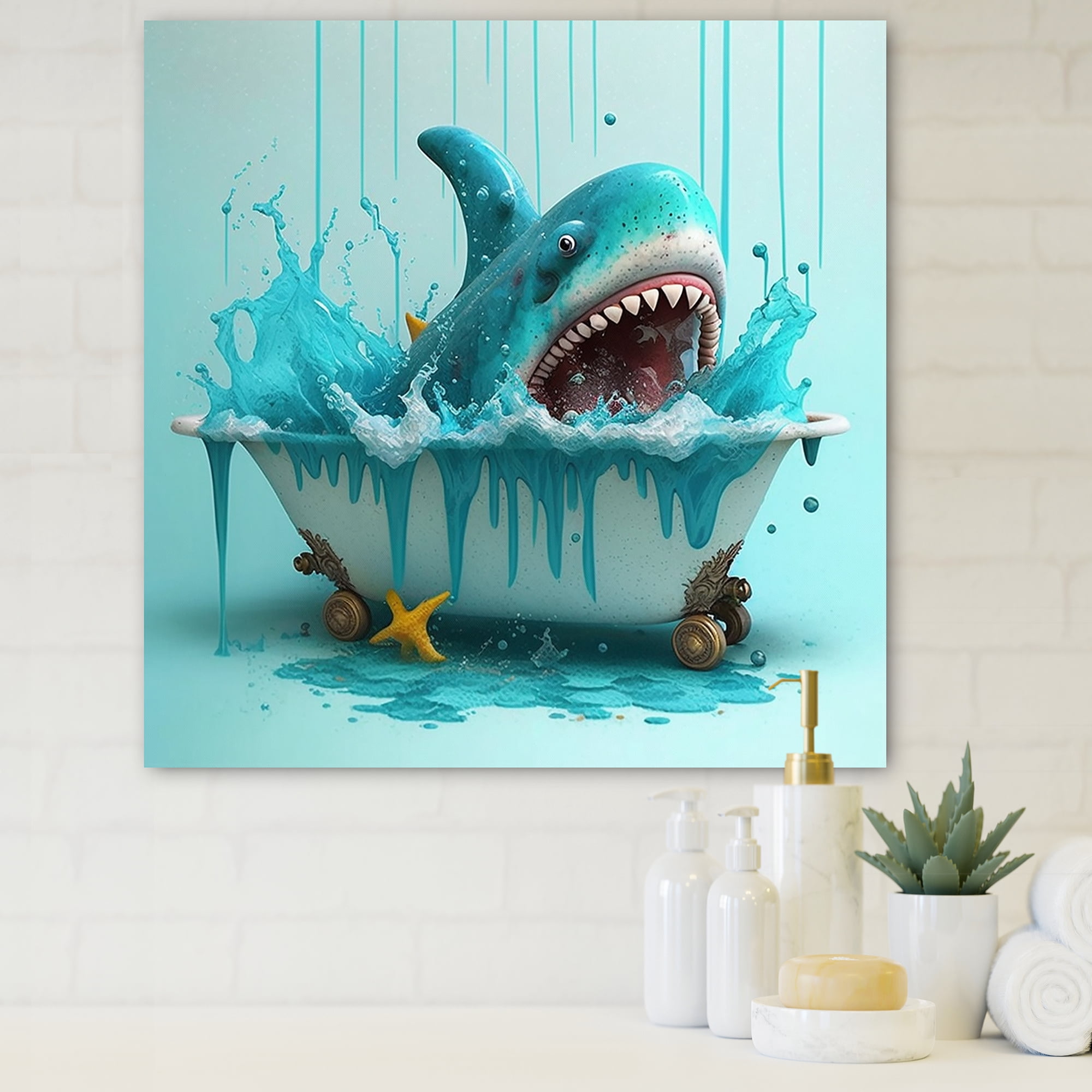 Designart Funny Shark In A Tub I Canvas Wall Art