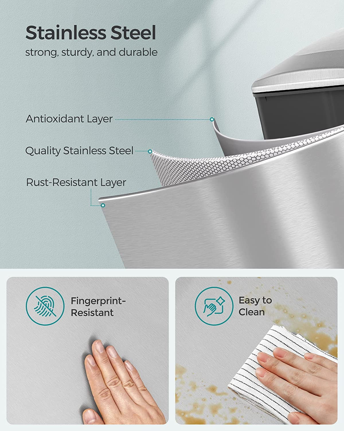 12.7 Gallon Slim Trash Can, Kitchen Garbage Can for Narrow Spaces, Stainless Steel, Silver