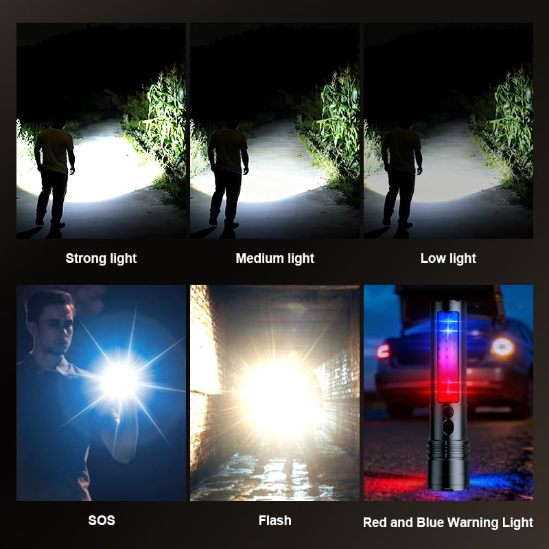 SKYFIRE Dual-Light Source Flashlight with Side Light, 7500mAh Power Bank Function, Type-C Charging, Zoomable, Digital Display, 6-Level Dimming, Outdoor Emergency Warning Light