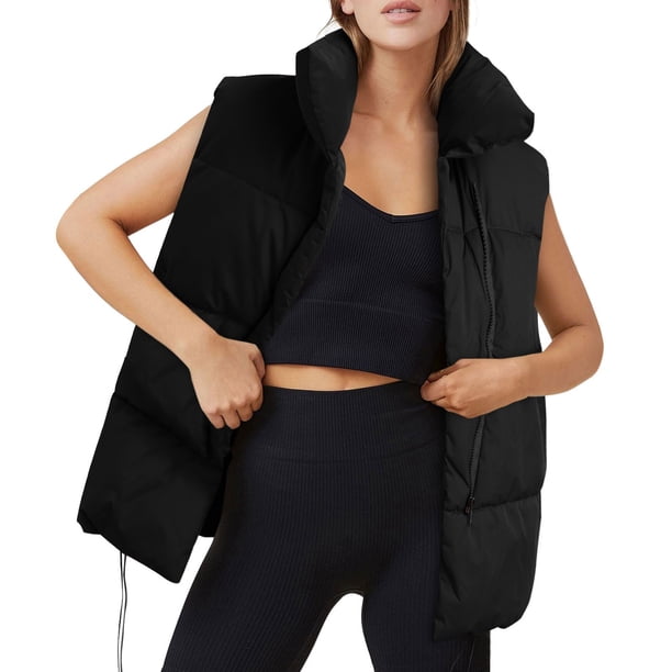 Gibobby Chaleco mujer casual, Chaleco acolchado impermeable sin mangas para mujer, cuello alto con cierre(Negro,G)
