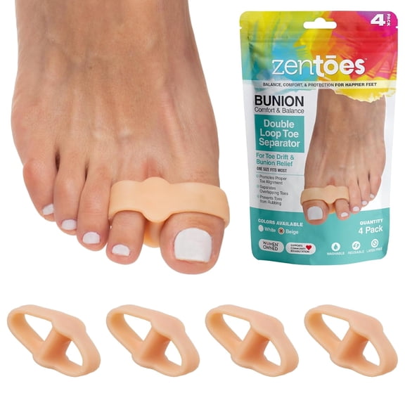 ZenToes Toe Separators with 2 Loops, Soft Gel Bunion Correctors, pack of 4, Beige