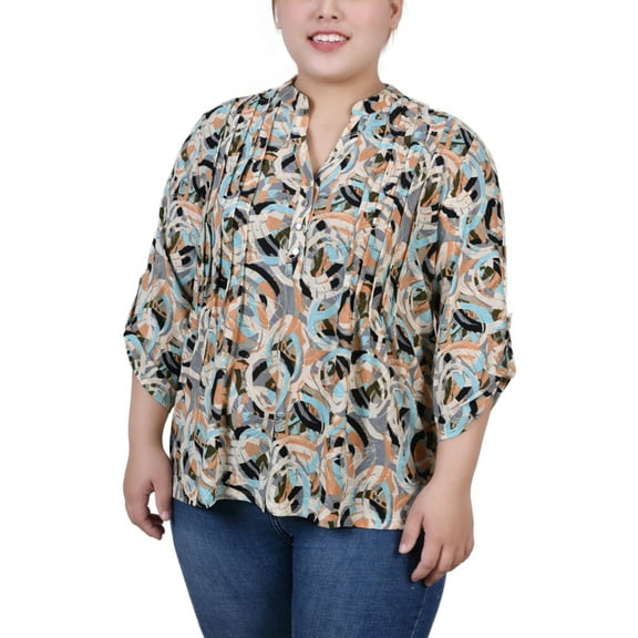 NY Collection Women's Plus Size 3/4 Sleeve Roll Tab Y Neck Top